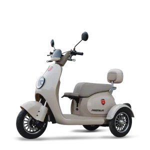 Metro Premium electric bike in beige color featuring Lithium Iron Phosphate battery – EV bike in Pakistan.